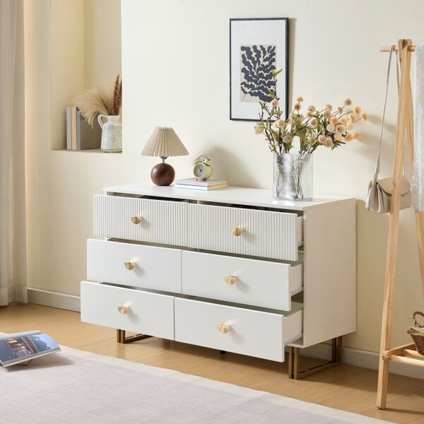 Sideboard 120 x 40 x 75 cm aus MDF in Weiß mit 6 Schubladen, Stahlbeine & goldfarbene Griffe