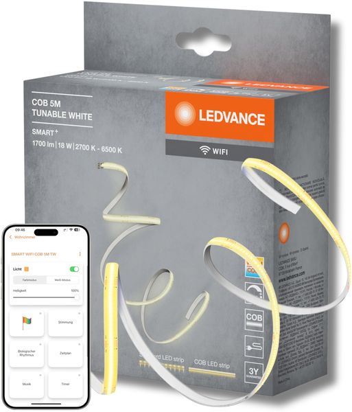 LEDVANCE SMART WIFI COB dekorative COB-Streifen mit weißem; regulierbarem Licht und homogenem Lichteffekt; dimmbar; TW; gelb; Silikon; 5 m; Leuchtmittel nicht austauschbar
