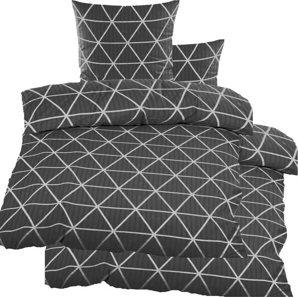 KH-Haushaltshandel Bettwäsche 4-tlg. Seersucker Bettwäsche 2x (135x200 +80x80cm), grau weiß, Seersucker, 4 teilig, gemustert mit Dreiecken, bügelfrei