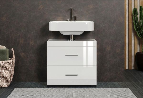 trendteam smart living – Amanda – Waschbeckenunterschrank – Weiß/Weiß Hochglanz – 2 Schubladen mit Vollauszug - (BxHxT) 60 x 56 x 34 cm - Kratzfest & pflegeleicht