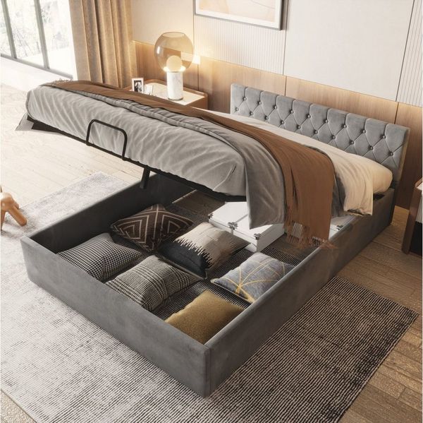 Celya Polsterbett 140 x 200 cm Bett mit Bettkasten, Samt-Stoff Polsterbett Lattenrost Doppelbett Stauraum Holzfuß schwarz