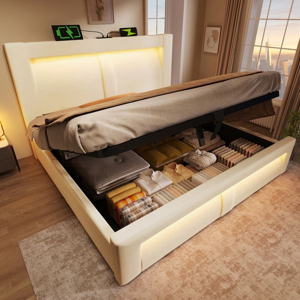 Merax Doppelbett 140x200 cm mit Stauraum, hydraulisches Bett, LED-Beleuchtung mit App-Steuerung, USB- & Type-C-Ladeanschlüsse, Samt, Kopfteil mit gebogenem Design, Beige