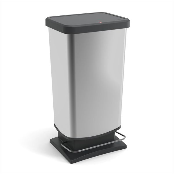 Rotho Paso Mülleimer mit Deckel 40l | Tretmülleimer in Edelstahloptik für Küche, Bad, Werkstatt | pflegeleicht, geruchsdicht | breites Pedal aus Metall | leicht zu reinigen | Silber metallic