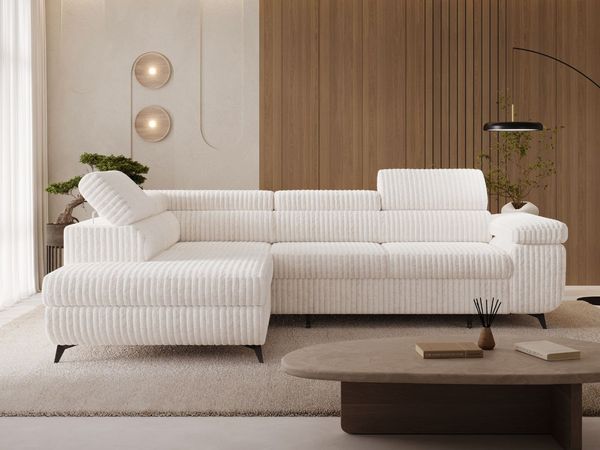 GRAINGOLD Ecksofa L-Form Argon L, Couch mit Wellenfeder, mit Schlaffunktion und Bettkasten, Cord-Stoff, Creme, Links