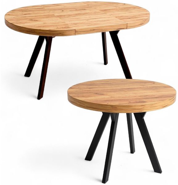 Runder Ausziehtisch Ø100-200 cm für Esszimmer, Schwarz Metallgestell Y + Craft Eiche