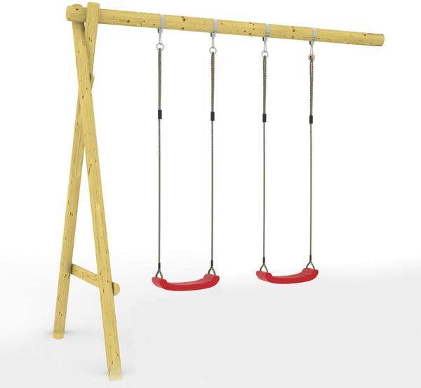 Anbauschaukel Rundholz - Schaukelbalkenlänge: 240 cm – 2 Schaukelsitze: Rot - Material: Kiefernholz – Maße: 180 x 240 x 220 cm