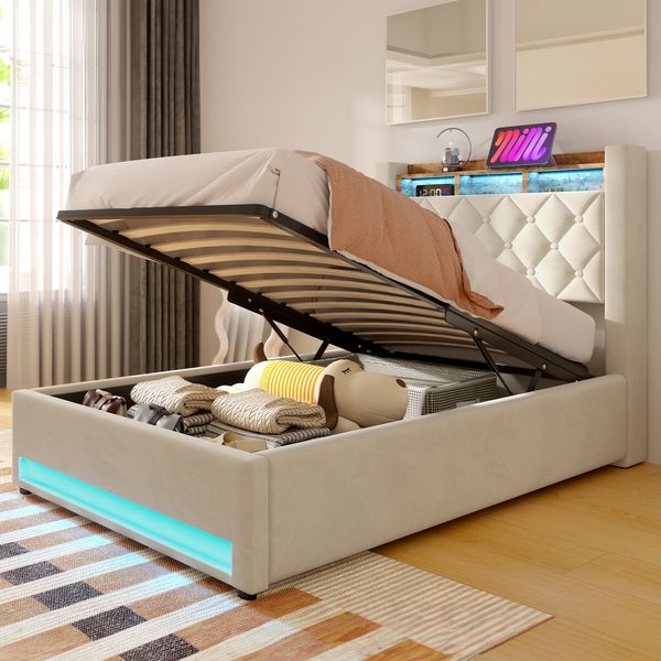 MODFU Polsterbett aus Premium-Samt mit Lattenrost, Beige, 90x200 cm
