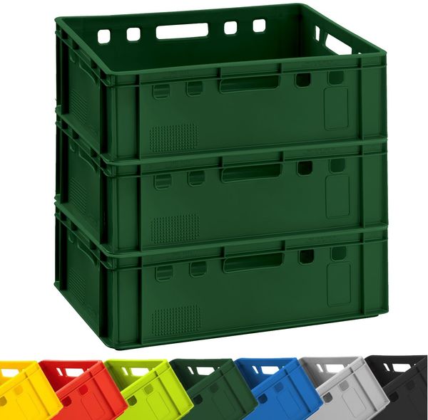 3x BURI Fleischkiste E2 Dunkelgrün 60 x 40 x 20 cm Lagerkiste, Meischkiste, Metzgerkiste Eurobox aus Deutschland lebensmittelecht, robust, stapelbar