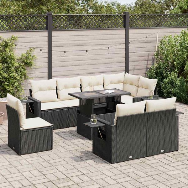 vidaXL 9-tlg. Garten-Sofagarnitur mit Kissen Schwarz Poly Rattan 3326497