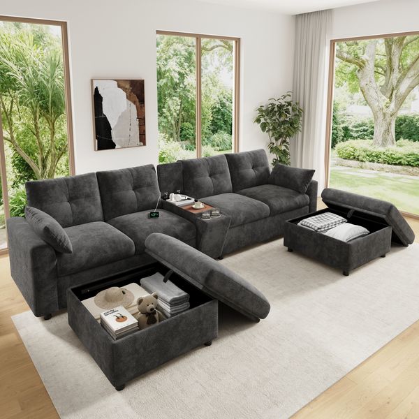 Merax Modulare Ecksofa Wohnlandschaft 6-Sitzer U-/L-Form, 2 Stauraum-Hocker, Mittelkonsole mit Ablagefläche, aufklappbarem Staufach & versenkbaren Getränkehaltern, USB & Type-C, Chenille, grau