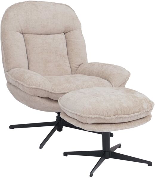 Relaxsessel mit Hocker HWC-P32, Fernsehsessel Nosagfederung, drehbar Metall Stoff/Textil Chenille (370 g/m²) ~ creme