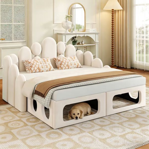 Gepolstertes Schlafsofa mit Haustierbett, 2-in-1 multifunktionales Polsterbett 180*200cm, Polsterbett mit Weichem Samtstoff, Lattenrost und Rückenlehne, Beige.