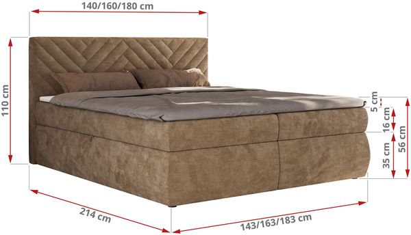 Boxspringbett AVERTA 140 x 200 cm mit Bettkasten und Topper, Doppelbett mit Bonnell-Federkernmatratze, gepolstertem Kopfteil, Stauraum, modernes Schlafzimmer Bett - Braun Schenille glatt - H3 Bild 6