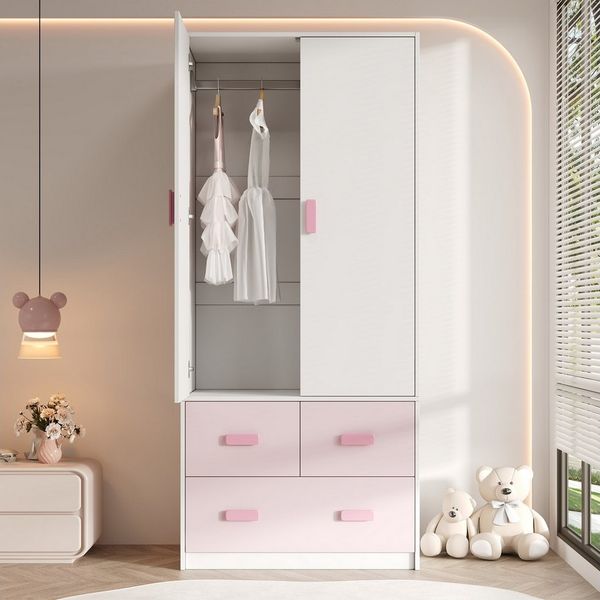 MODFU Kleiderschrank Rosafarbener Kinderschrank 80 x 48 x 180 cm mit weißen Akzenten (Packung, 1-St, Inkl. Kleiderstange & 3 Schubladen, pflegeleicht) Ideal als Schlafzimmerschrank für Mädchen & Jugendliche