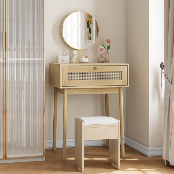 Rattan Waschtisch mit rundem Spiegel & Schubladen, Schminktisch, Konsolentisch, Holz, Schlafzimmermöbel