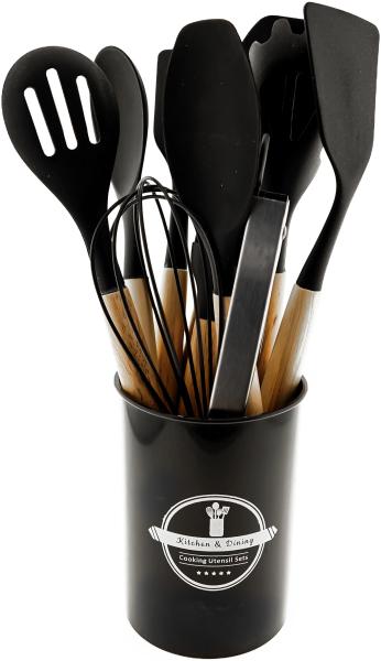12 teiliges Küchenhelfer-Set aus Silikon Kochgeschirr mit Holzgriff Hitzebeständig Schwarz