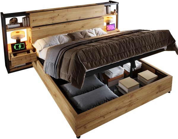 Bett mit Liegefläche 180x200 cm, Stauraumbett im Industrie-Look, USB- und Type-C-Ladestation, ohne Matratze Bild 7