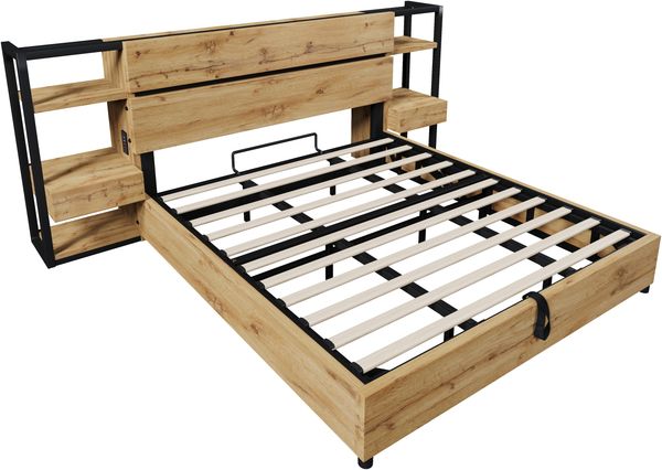 Bett mit Liegefläche 180x200 cm, Stauraumbett im Industrie-Look, USB- und Type-C-Ladestation, ohne Matratze Bild 6