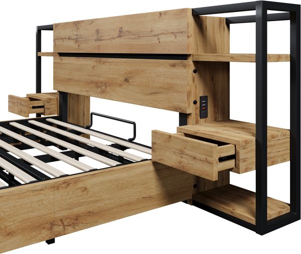 Bett mit Liegefläche 180x200 cm, Stauraumbett im Industrie-Look, USB- und Type-C-Ladestation, ohne Matratze Bild 10