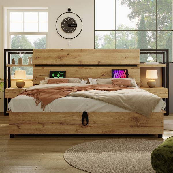 Bett mit Liegefläche 180x200 cm, Stauraumbett im Industrie-Look, USB- und Type-C-Ladestation, ohne Matratze