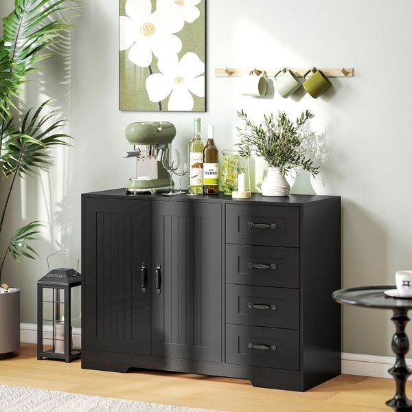 Sideboard Schwarz mit verstellbarem Regal, 2 Schubladen, nostalgische Griffe, Kippschutz, bis 70kg, 105x40cm, vielseitig einsetzbar
