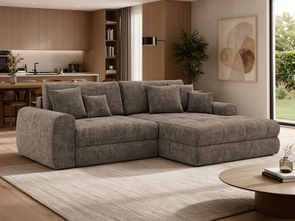 Sofa L-Form ARELIA L mit Schlaffunktion, Wohnzimmer Sofa, Wellenfederung, Sofa mit DL-System - Schenille grob gewebt Braun - Links