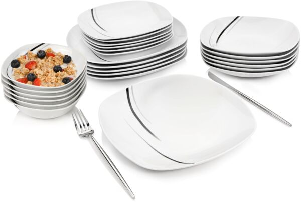 Porzellan Geschirrset Bilgola Black Lines, Kombiservice 24 teilig für 6 Personen