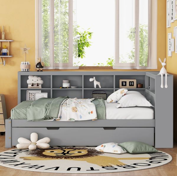 Multifunktionales Schlafsofa Grau 140x200 Mit Ausziehbett USB Ladesteckdose Stauraum Massivkiefer Doppelbett Gästebett Wohnzimmer Kompakt