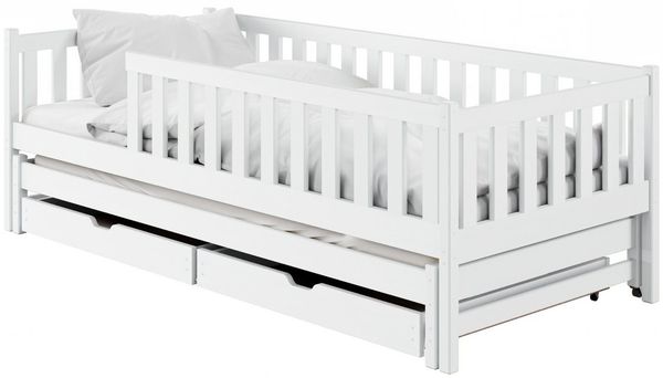 Kids Collective Kinderbett mit Rausfallschutz, Lattenrost und optionaler Matratze, Kinder Bett (mit Ausziehbett und zwei Schubladen), 80x180 cm: von 3. bis 12. Lebensjahr, weiß, mit Matratze