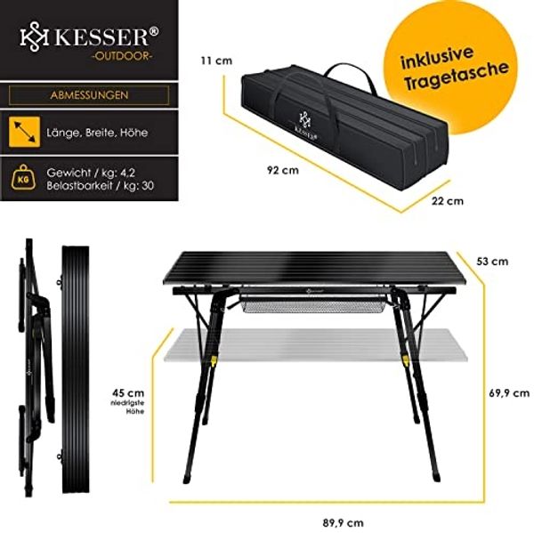KESSER® Campingtisch faltbar Klapptisch mit Aluminiumrahmen Aufrollbare Tischplatte Falttisch klappbar höhenverstellbar inkl. Tragetasche mit Trageband & Netztasche Schwarz Bild 8
