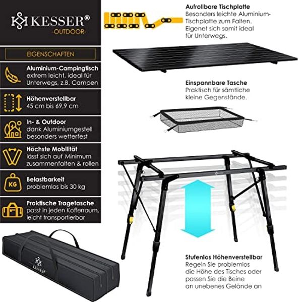 KESSER® Campingtisch faltbar Klapptisch mit Aluminiumrahmen Aufrollbare Tischplatte Falttisch klappbar höhenverstellbar inkl. Tragetasche mit Trageband & Netztasche Schwarz Bild 2