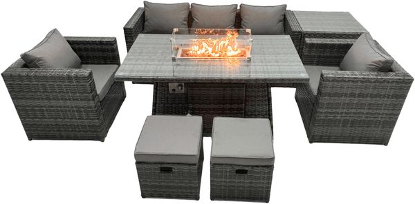 Fimous Outdoor Poly Rattan Gartenmöbel Gas Feuerstelle Esstisch Set Sessel mit Hohe Seite Couchtisch 2 Hocker Dunkelgrau Gemischt