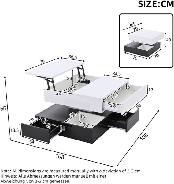 Couchtisch 70x70x40 cm (bis 55 cm) 360° drehbar, Hochglanz schwarz-weiß, 3 Schubladen, versteckter Stauraum Bild 4