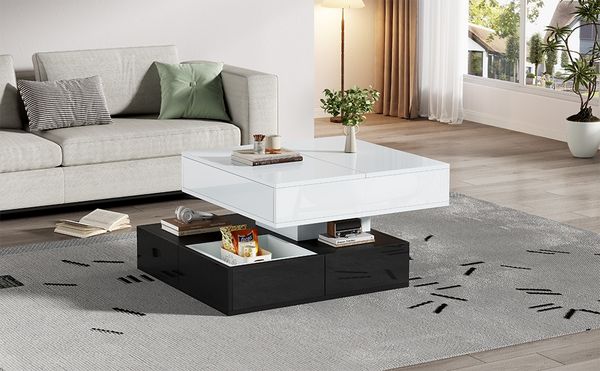Couchtisch 70x70x40 cm (bis 55 cm) 360° drehbar, Hochglanz schwarz-weiß, 3 Schubladen, versteckter Stauraum