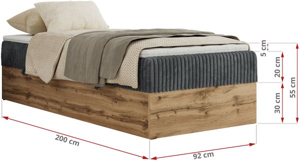 Boxspringbett, Einzelbett WOOD ZERO 90 x 200 cm, Hotelbett ohne Kopfteil, Bett mit Stauraum, 7-Zonen Multipocket-Matratze - Grau Cordstoff - H3 - Topper T25 Bild 6