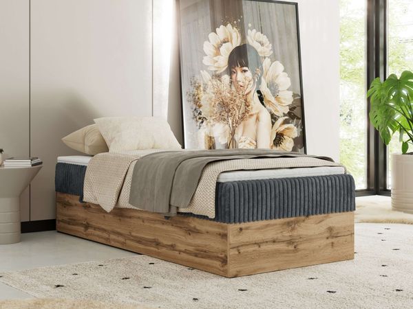Boxspringbett, Einzelbett WOOD ZERO 90 x 200 cm, Hotelbett ohne Kopfteil, Bett mit Stauraum, 7-Zonen Multipocket-Matratze - Grau Cordstoff - H3 - Topper T25