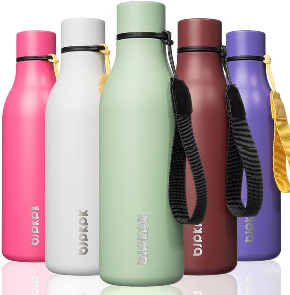 BJPKPK Isolierte Wasserflaschen, 530 ml Edelstahl Metall Trinkflasche Mit Trageriemen, BPA Frei Wasserdicht Thermos, Flaschen, Wiederverwendbare Thermosflasche Für Sport & Reisen, Macaron Grün