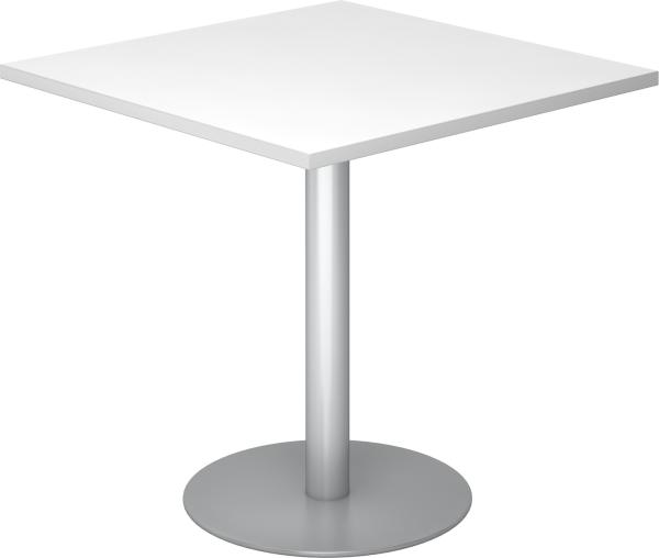 bümö Besprechungstisch, Esstisch klein, Tisch eckig 80x80 cm - kleiner Esstisch weiß, Rundtisch Esstisch 2 Personen mit Holz-Platte, Säule aus Metall in silber, Konferenztisch, Bistrotisch, STF88-W-S