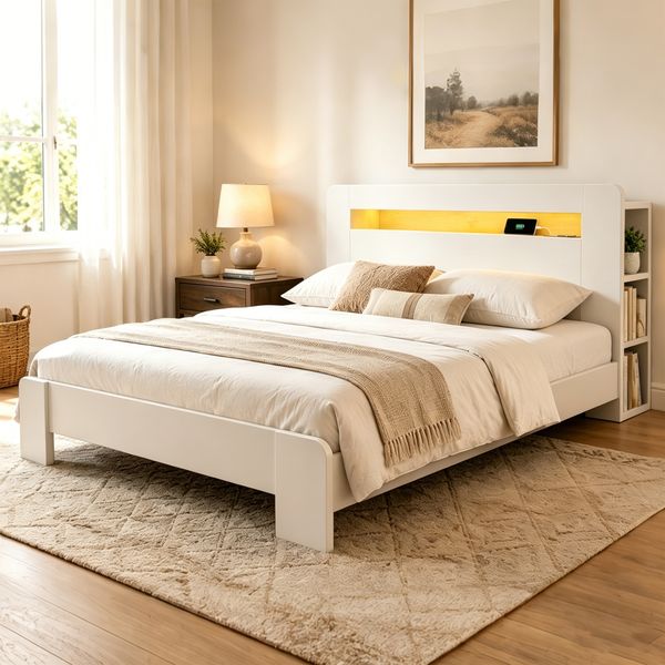 Bettgestell aus Holz mit Stauraum im Kopfteil, LED-Beleuchtung, integrierten Steckdosen, modernes Plattformbett in Weiß 140x200 cm
