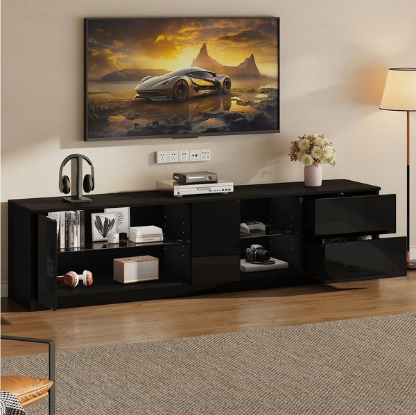 MODFU Lowboard Hochglanz MDF (Fernsehtisch, Wohnzimmermöbel, TV-Ständer, 1 St, mit LED-Beleuchtung), passend für 65" Fernseher