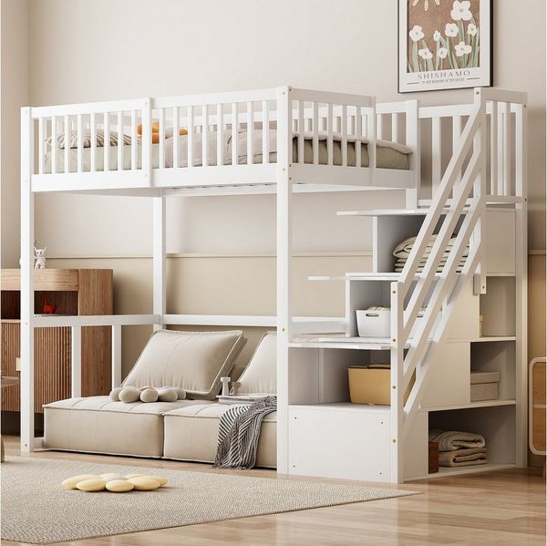 STILVORA Hochbett Kinderbett 90x200 mit Stauraum Jugendbett mit Zäune,Massive Kiefer (mit Sicherheits-Aufbewahrungsleiter, Bettgestell aus massivem Kiefernholz für Kinder und Jugendliche, 90 x 200 cm) ohne Matratze