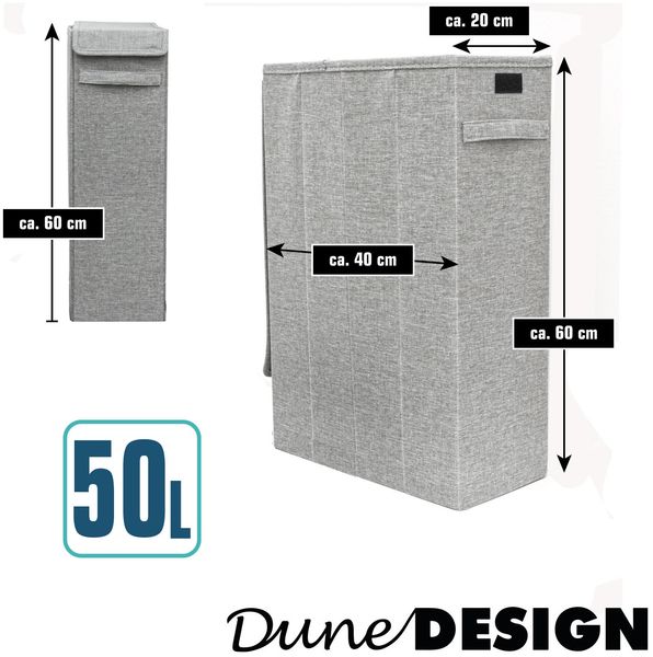 DuneDesign 50L Wäschekorb mit Deckel 20 x 40 x 60 cm Wäschesammler Schmal Grau ohne Druck, 20 x 60 x 40 cm Bild 5
