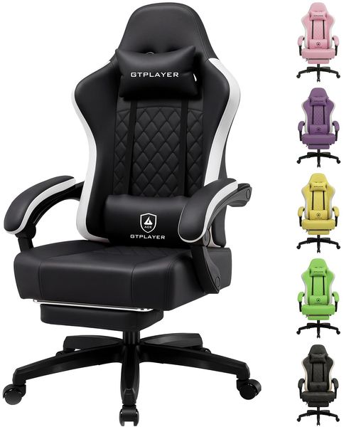 GTPLAYER Gaming Stuhl Ergonomischer Gaming Sessel Schreibtischstuhl Kunstleder, Federsitzkissen, Verbindungsarmlehnen und Fußstütze 150KG, schwarz