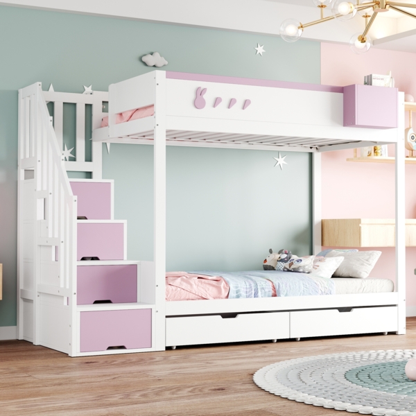 Kinder-Etagenbett 90x200 cm mit Kaninchen-Design, Stauraumleiter, Schubladen, Ablagefach, Massivholz,Weiß & rosa