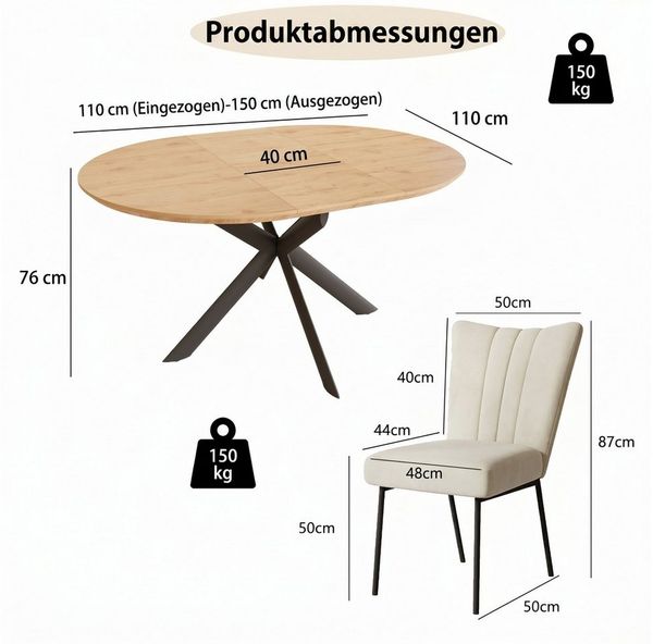 Jiexi Essgruppe Tisch-und Stuhlset, Ausziehbarer Esstisch (110-150 cm) mit 4-6 Stühlen Bild 3