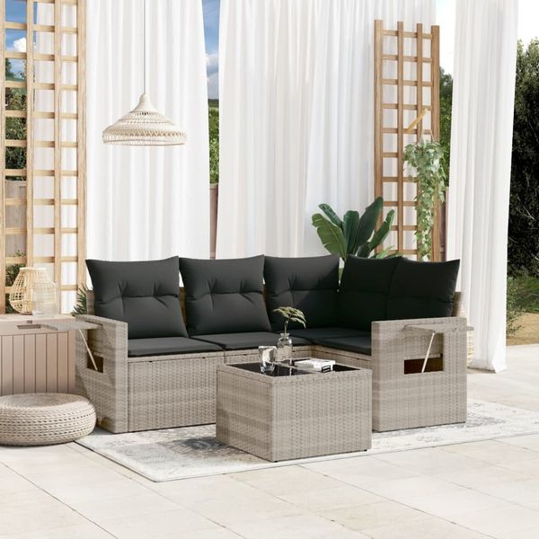 vidaXL 5-tlg. Garten-Sofagarnitur mit Kissen Hellgrau Poly Rattan 3220121