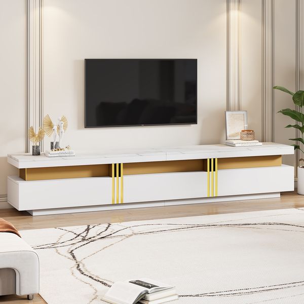 TV-Schrank 200x40x42 cm, weiß, mit 3 Schubladen und Marmor-Optik