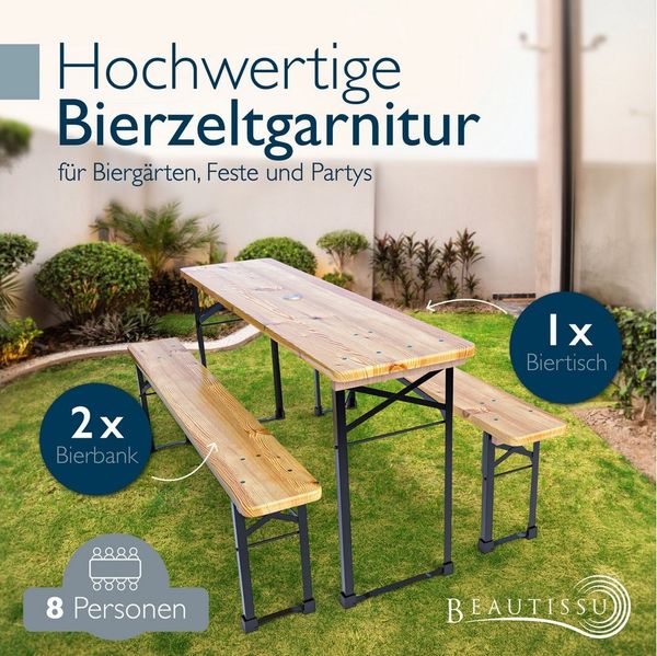 Beautissu Bierzeltgarnitur 3tlg Bierzeltgarnitur klappbar Holz BT22, 170x46cm, Biergartengarnitur Festzeltgarnitur Campingtisch Outdoor