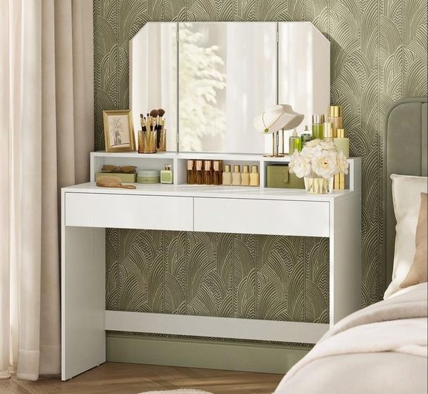 Vasagle Schminktisch, Frisiertisch mit Klappspiegel und 2 Schubladen, Kosmetiktisch mit 3 offenen Fächern, Frisierkommode, für Make-up, modern, weiß