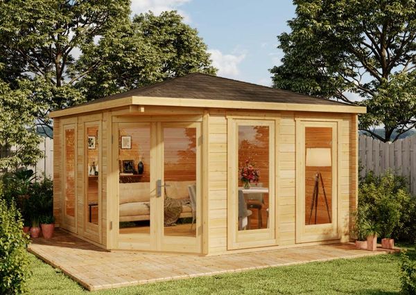 Alpholz 5-Eck Gartenhaus Maja Gartenhaus aus Holz in Pinie Holzhaus mit 44 mm Wandstärke Blockbohlenhaus mit Montagematerial